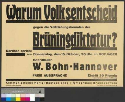 Plakat der KPD zu einer öffentlichen Wahlversammlung                                         am 15. Oktober 1931 in Braunschweig