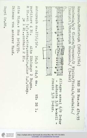 Sinfonia / a / 2 Clarin / Tympani / 2 Violin / Viola / e / Cembalo. / [Incipit] / Christoph Graupner.