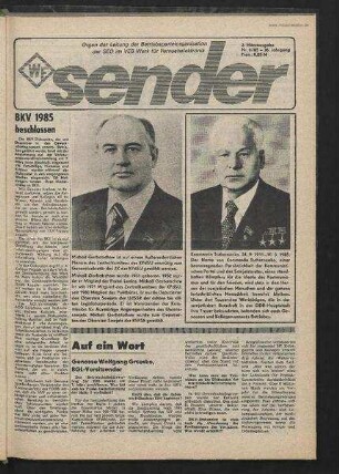 Betriebszeitung 'WF-Sender', Nr.6/1985 (2. Märzausgabe 1985)