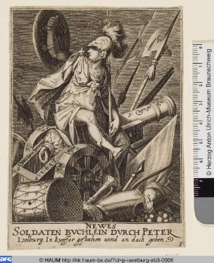 Titelblatt, Minerva auf Waffen sitzend