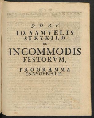 Jo. Samvelis Strykii, D. De In Commodis Festorvm, Programma Inavgvrale