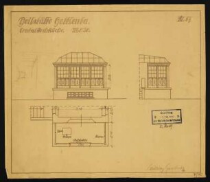 Bad Gottleuba, Heilstätte Gottleuba, Zentralküche, Detail. Ansichten und Grundriss, Schilling & Graebner, Dresden, um 1910. Lichtpause, Papier. 31 x 37 cm. Maßstab 1 : 50. Bez.: "Heilstätte Gottleuba Centralkochküche", Bl. 67. Stempel der Bauleitung mit Datum vom 7. Februar 1913.