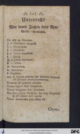Unterricht von denen Zeichen derer Apothecker-Gewichte.