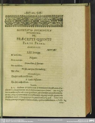 Disputatio Decalogica Duodecima. De Praecepti Quinti, Parte Prima