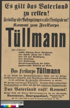 Werbeplakat für den Eintritt in das Freikorps Tüllmann