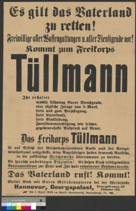 Werbeplakat für den Eintritt in das Freikorps                                     Tüllmann