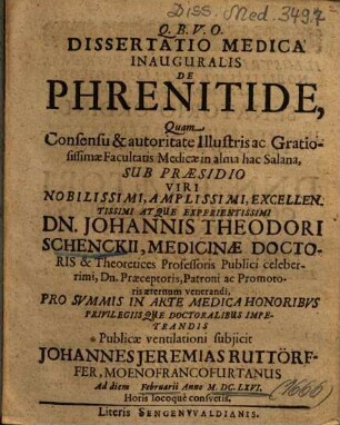 Dissertatio Medica Inauguralis De Phrenitide