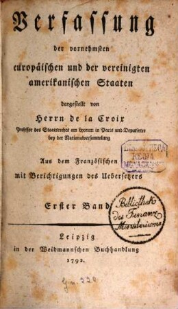 Verfassung der vornehmsten europäischen und der vereinigten amerikanischen Staaten, 1