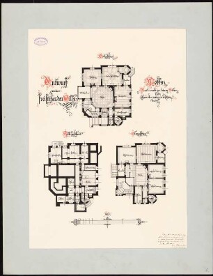 Villa: Grundrisse KG, EG, OG 1:100