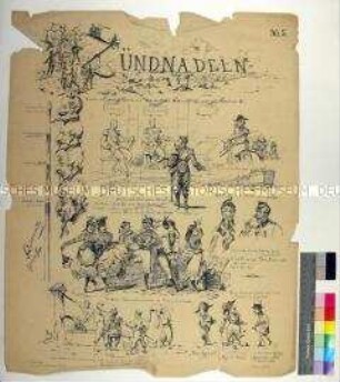 Bilderbogen mit Karikaturen auf den mit seiner Familie ins Exil flüchtenden Kaiser Napoleon III. und die diplomatischen und militärischen Bemühungen während des Deutsch-Französischen Krieges