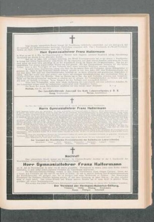 [Nachruf] : [Herr Gymnasiallehrer Franz Hallermann]