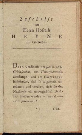 Zuschrift an Herrn Hofrath Heyne zu Göttingen.