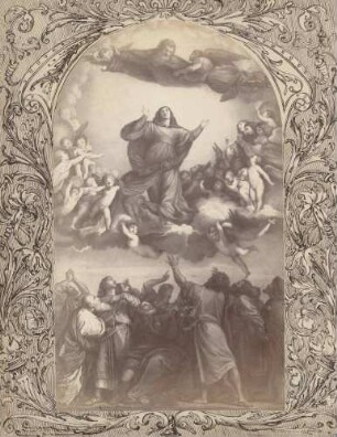 Gemälde "Mariä Himmelfahrt" von Tizian in der Kirche Santa Maria Gloriosa dei Frari in Venedig umrahmt von Federzeichnung