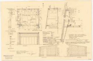 Arzthaus Prof. Bernhardt, Berlin-Charlottenburg: Fahrrad- und Kleinwagengarage: Grundriss, 3 Ansichten, Schnitte 1:50, Detailschnitte 1:10