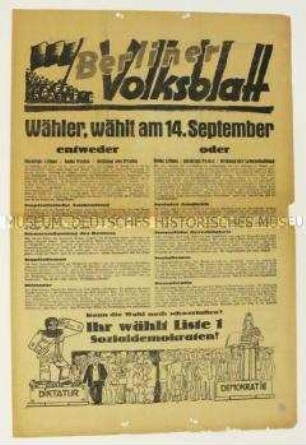Wahlzeitung der SPD "Berliner Volksblatt" zur Reichstagswahl 1930
