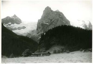 Alpen, Kanton Bern, Berner Alpen, Blick von der Geschandtenmad auf Dossenhorn, Wellhorn, Wetterhorn (von links nach rechts) und Rosenlauigletscher