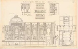 Basilika Sao Torcato, Guimaraes: Längsschnitt, Grundriss, Details (aus: Entwürfe von Bohnstedt, Heft I-VIII, 1875-1877)