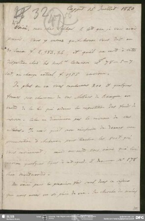 Eigenh. Brief von Auguste Louis de Staël-Holstein an August Wilhelm von Schlegel, Coppet, 15.07.1820