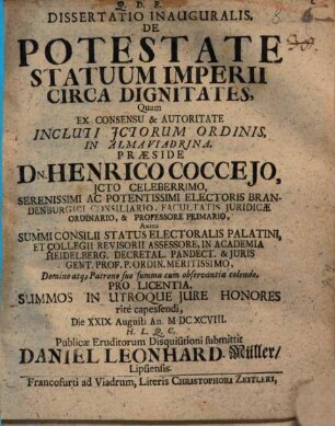 Dissertatio Inauguralis, De Potestate Statuum Imperii Circa Dignitates
