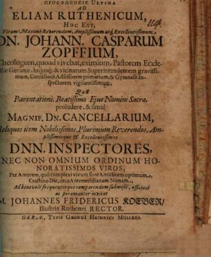 Prosphōnēsis ultima ad Eliam Ruthenicum, h. e. Jo. Casp. Zopffium