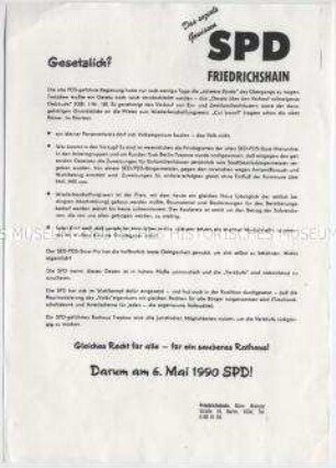 Flugblatt der SPD Berlin-Friedrichshain zur ersten freien Kommunalwahl in (Ost-)Berlin am 6. Mai 1990 mit Polemik gegen das Gesetz der Modrow-Regierung zum Verkauf von "volkseigenen" Gebäuden