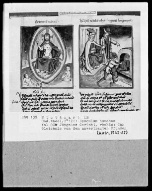 Zwei Schriften — Speculum humanae salvationis — Textseite mit zwei Miniaturen, Folio 90verso