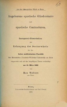 Angeborene spastische Gliederstarre und spastische Contracturen : Inaug.-Diss.