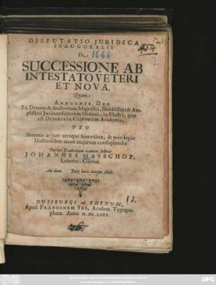 Disputatio Iuridica Inauguralis De Successione Ab Intestato Veteri Et Nova