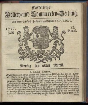 13. Stueck, Montag den 28ten Martii 1757
