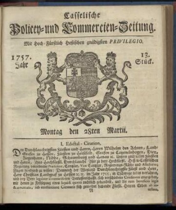 13. Stueck, Montag den 28ten Martii 1757