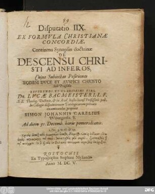 Disputatio IIX. Ex Formula Christianae Concordiae, Continens Synopsin doctrinae De Descensu Christi Ad Inferos