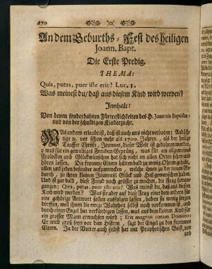 270-279, An dem Geburths-Fest des heiligen Joann. Bapt. Die Erste Predig