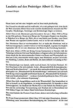 151-154, Laudatio auf den Preisträger Albert G. Hess