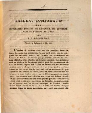 Tableau comparatif des différentes données sur l'étendue de gouvernemensde l'empire de Russie : Prés. à 21 Mars 1821