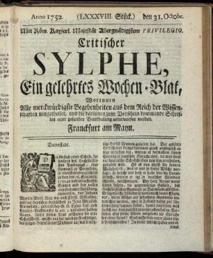 (LXXXVIII. Stück.) den 31. Octobr. Anno 1752.