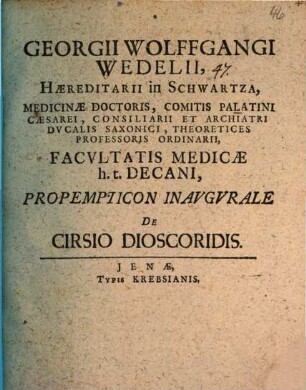 Georgii Wolffgangi Wedelii ... Propempticon inaugurale de cirsio Dioscoridis