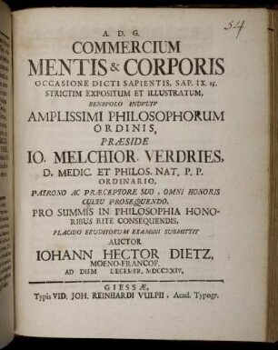 Commercium Mentis & Corporis Occasione Dicti Sapientis, Sap. IX, 15. Strictim Expositum Et Illustratum