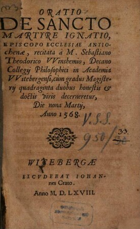 Oratio de sancto martyre Ignatio episcopo ecclesiae Antiochenae