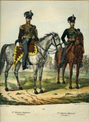 Uniformdarstellung, Trompeter des 4. Husaren-Regiments und Unteroffizier des 6. Husaren-Regiments zu Pferd, Preußen 1830. Aus: Elzholz u.a.: Das Preussische Heer. Tafel 52.
