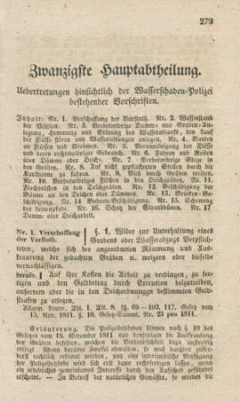 Zwanzigste Hauptabtheilung. Uebertretungen hinsichtlich der Wasserschaden-Polizei bestehender Vorschriften