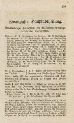 Zwanzigste Hauptabtheilung. Uebertretungen hinsichtlich der Wasserschaden-Polizei bestehender Vorschriften
