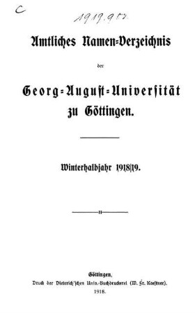 WS 1918/19: Amtliches Namen-Verzeichnis der Georg-August-Universität zu Göttingen