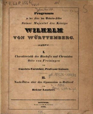 Programm zu der Feier des Geburts-Festes Seiner Majestät des Königs Wilhelm von Württemberg, 1860