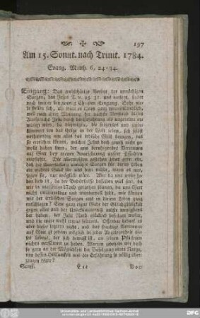 Am 15. Sonnt. nach Trinit. 1784. Evang. Matth. 6, 24 - 34.