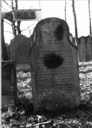 Grabstein 338 (Index: 100115801) Material: Sandstein Zustand: verwittert mit Textverlust Maße HxBxT: 123x57x11 cm Beschreibung: Stele mit eingezogenem Rundbogenabschluß, eingetieftes Schriftfeld Symbolik: herabhängende Blüte: Grabstein 338