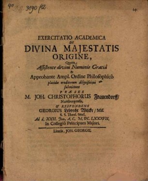 Exercitatio acad. de divina maiestatis origine