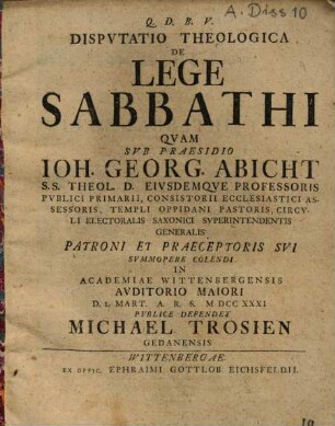 Disputatio Theologica De Lege Sabbathi