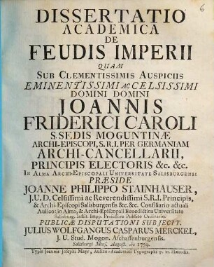 Dissertatio Academica De Feudis Imperii