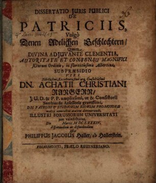 Diss. ... de patriciis, vulgo denen Adelichen Geschlechtern