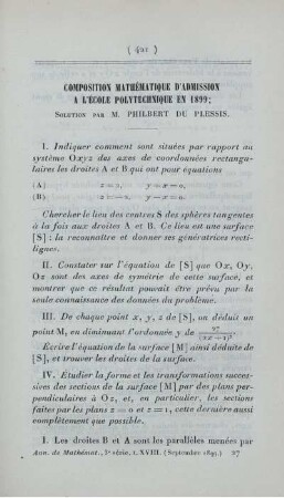 Compositions mathématique d'admission a l'École Polytechnique en 1899.